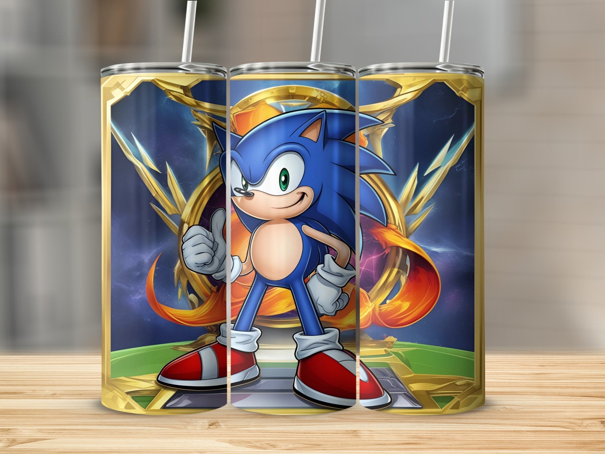 Sonic the Hedgehog giving a thumbs up with a golden emblem background.