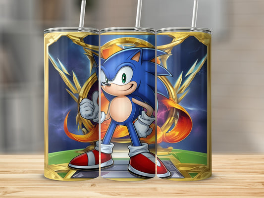 Sonic the Hedgehog giving a thumbs up with a golden emblem background.