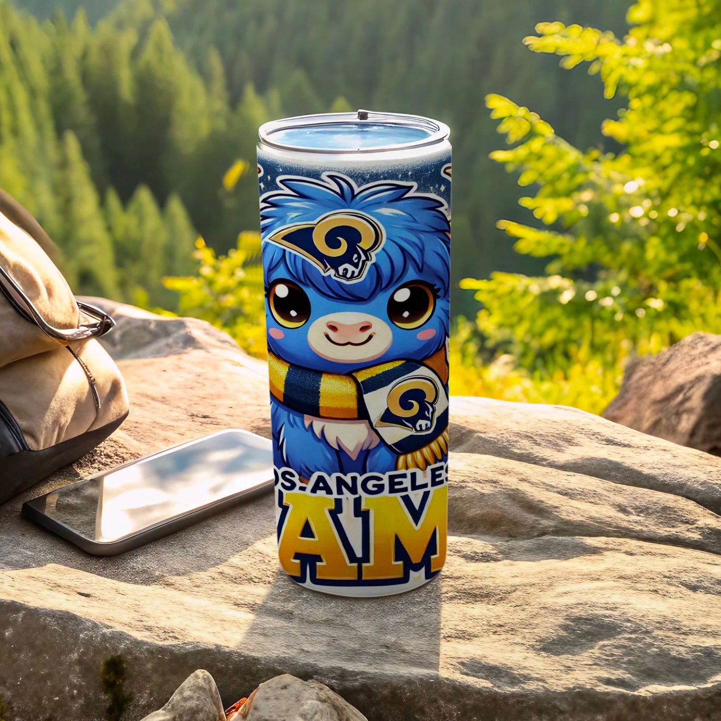 Blue creature with Rams scarf on tumbler, "Los Angeles Rams" text.