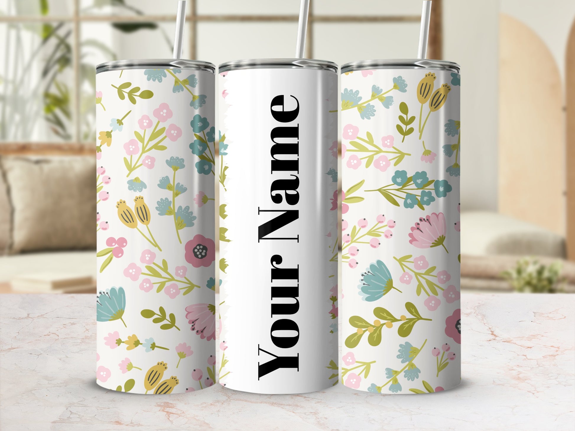 Personalizable Floral Pattern Stainless Steel Tumbler