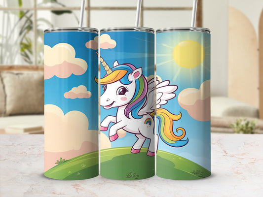 Unicorn with rainbow mane and wings on grassy hill under blue sky.