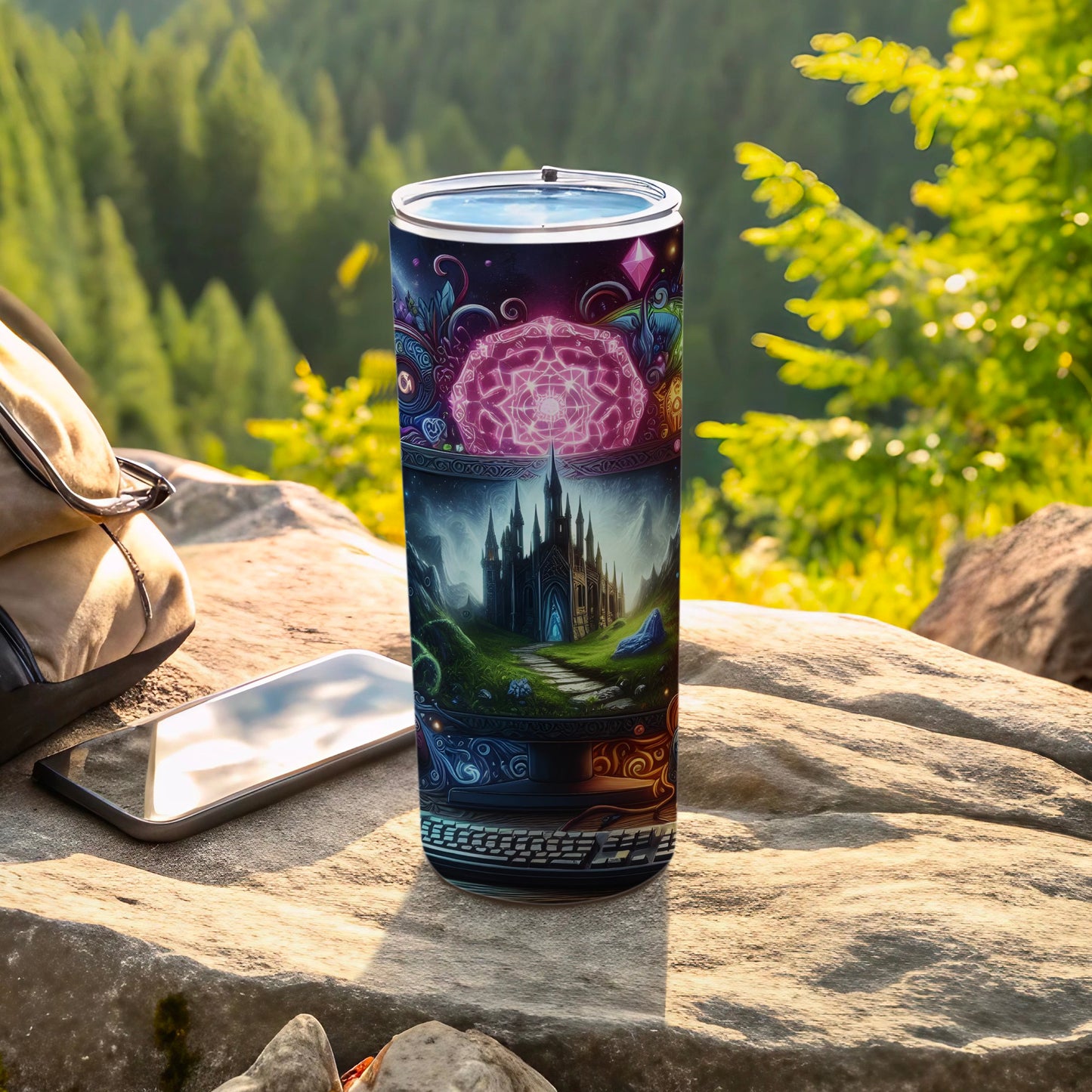 Tall tumbler with fantasy castle and cosmic art on textured background.