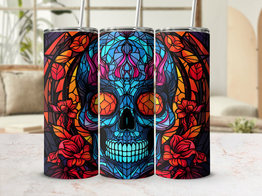 Three stained-glass tumblers featuring a skull with flames and floral designs.