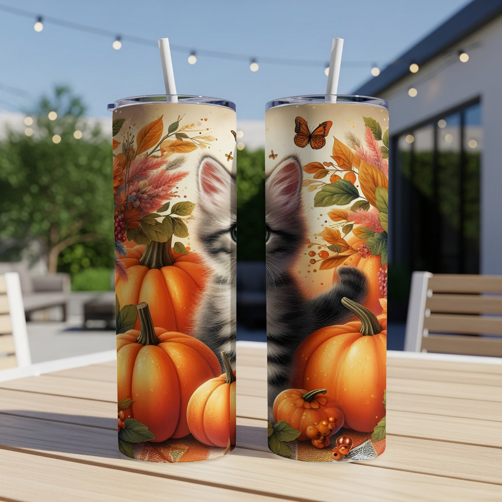 Two tumblers with pumpkins, leaves, and butterflies on a patio table.