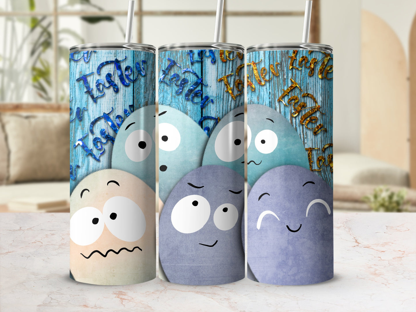 Easter themed tumblers with blue wood background and cartoon characters.