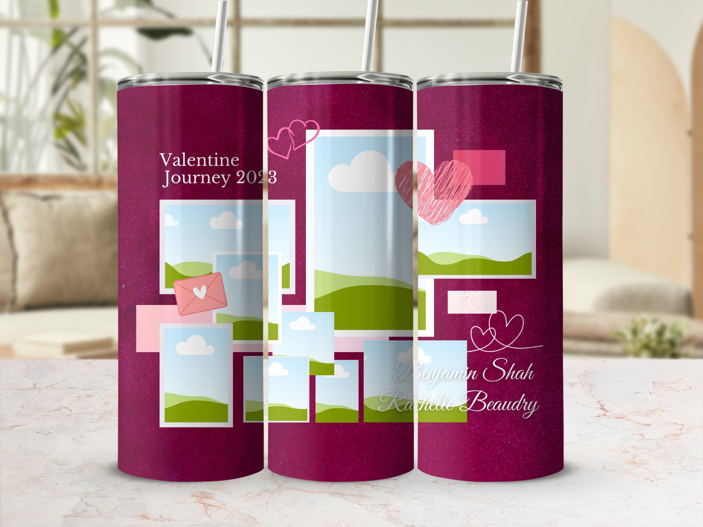 Maroon tumblers with photo collage and Valentine Journey 2023 text.