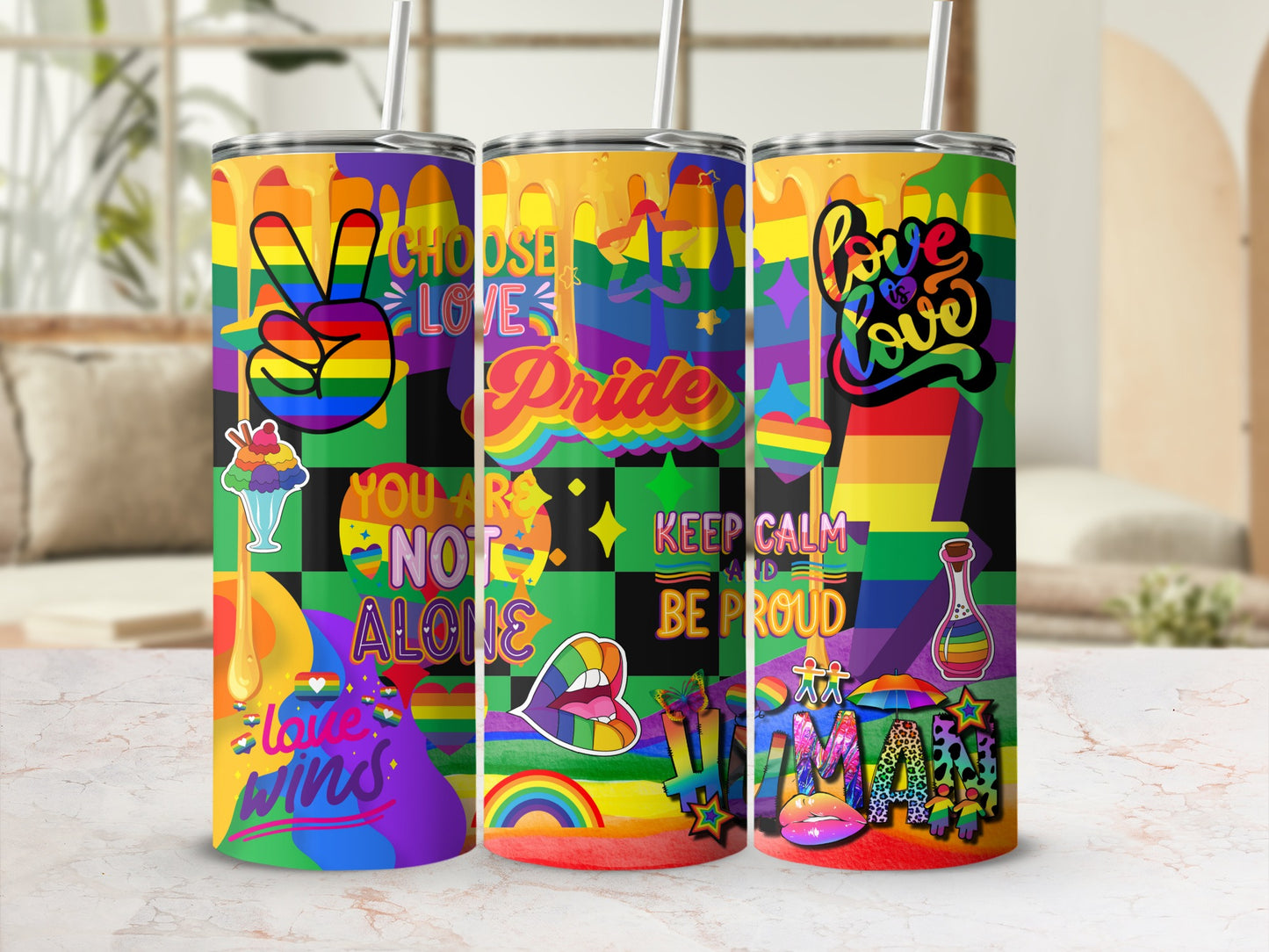Rainbow Pride tumbler with "love is love" and "choose love" text.