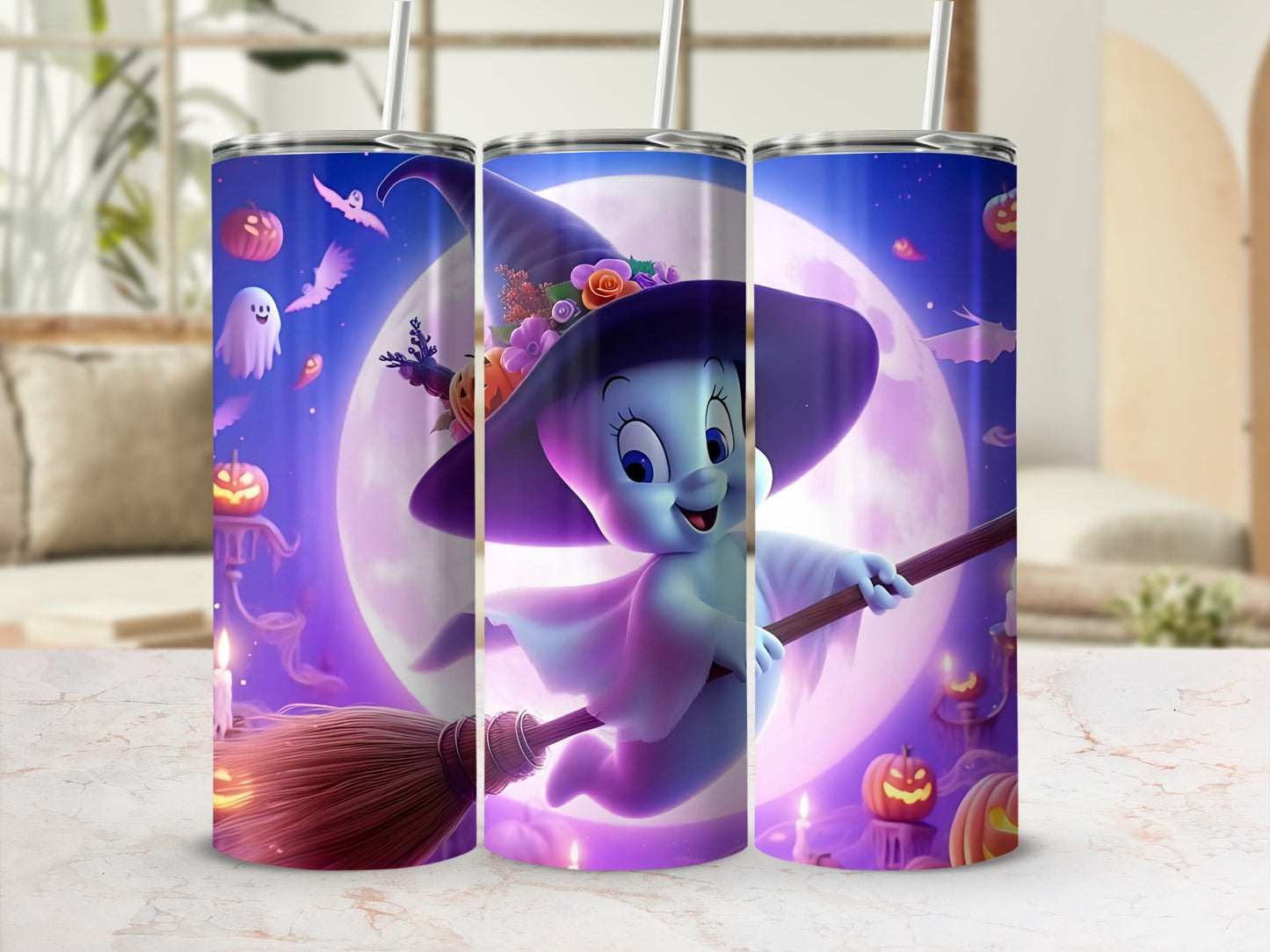 Casper the Friendly Ghost rides a broomstick with a moon, pumpkins, ghosts, and bats.
