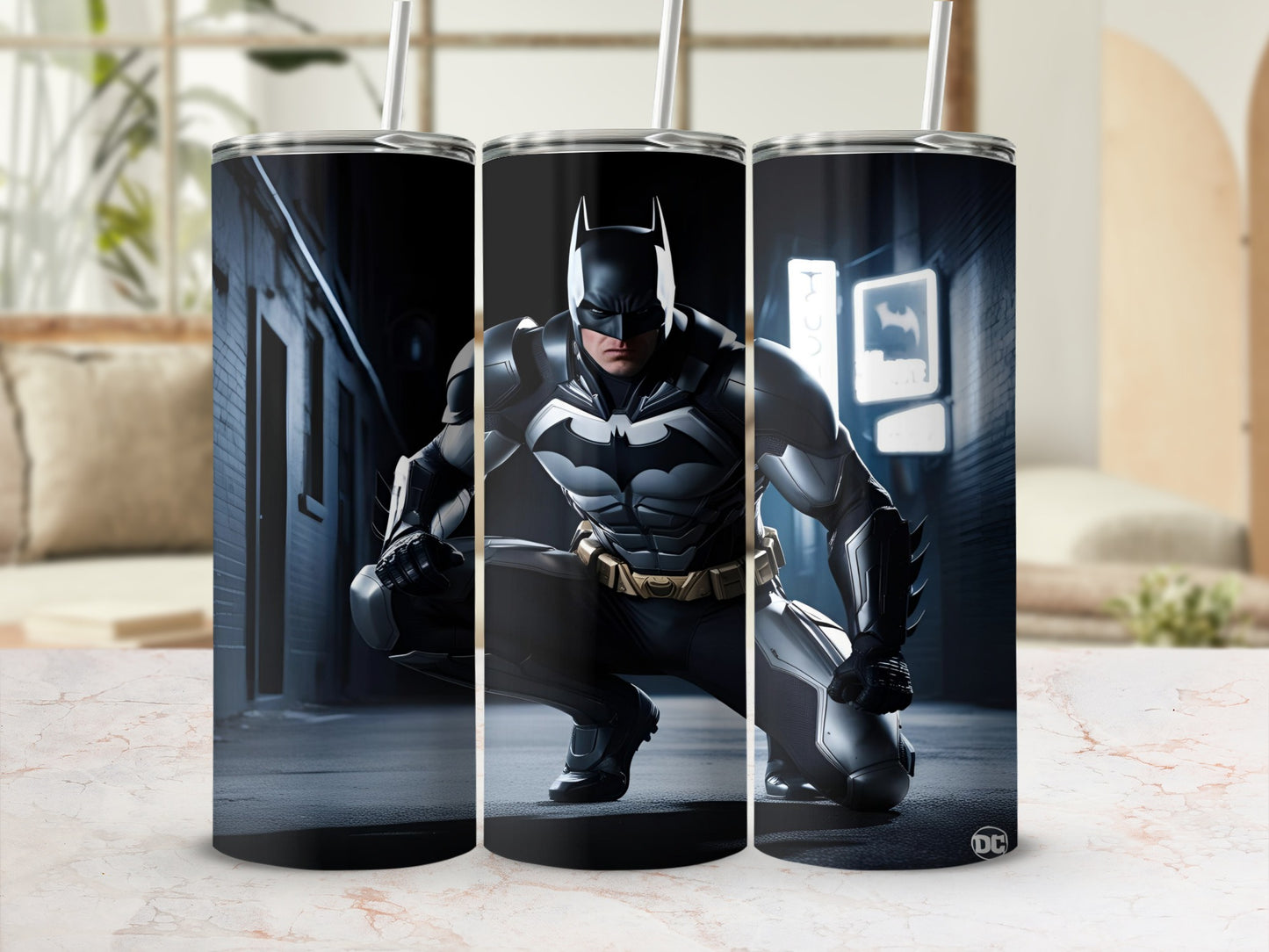 Batman crouching in alleyway, white graphic with DC logo.