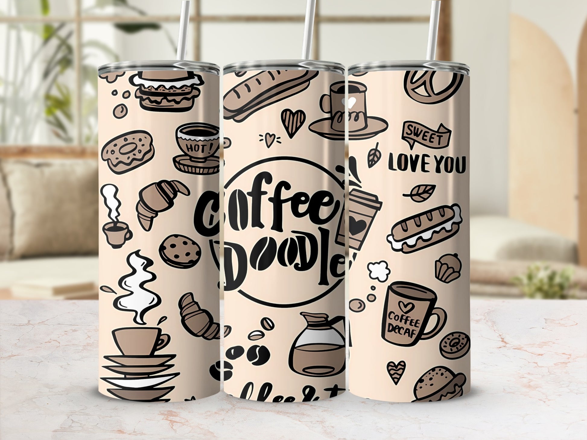 Coffee Doodle Design Tumbler with Straw Retro Style