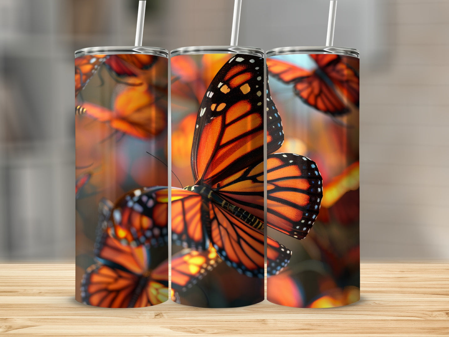 Monarch butterflies on warm, blurred background with bokeh effect.