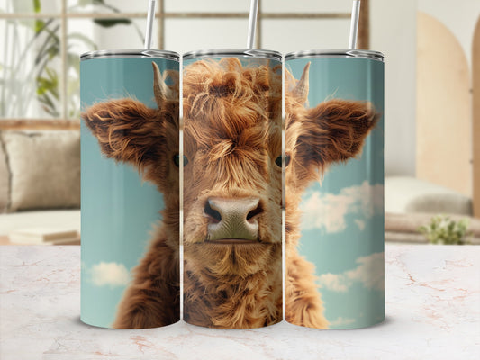 Highland cow face on a teal tumbler with a straw.