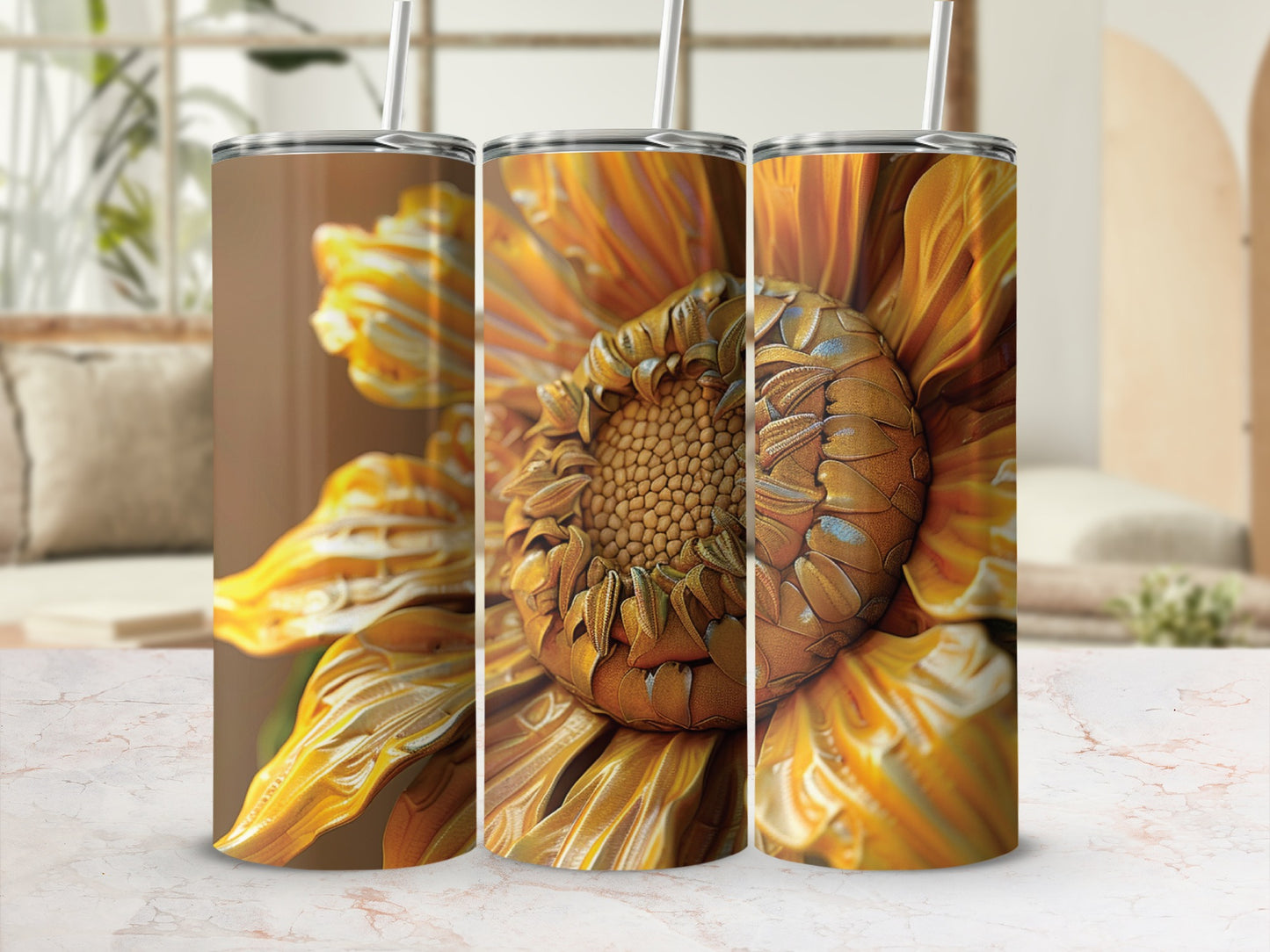 Triptych of a detailed, textured golden sunflower on a marble surface.