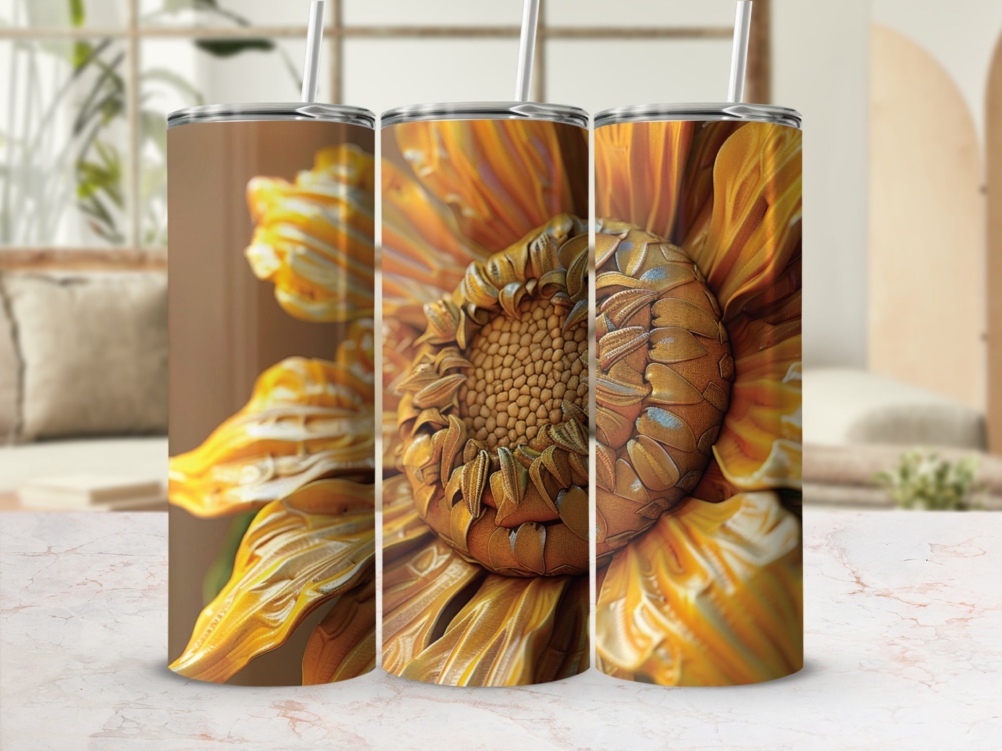 Triptych of a detailed, textured golden sunflower on a marble surface.