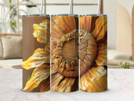Triptych of a detailed, textured golden sunflower on a marble surface.