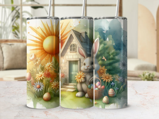 Easter bunny with basket of eggs in a spring garden, surrounded by flowers.