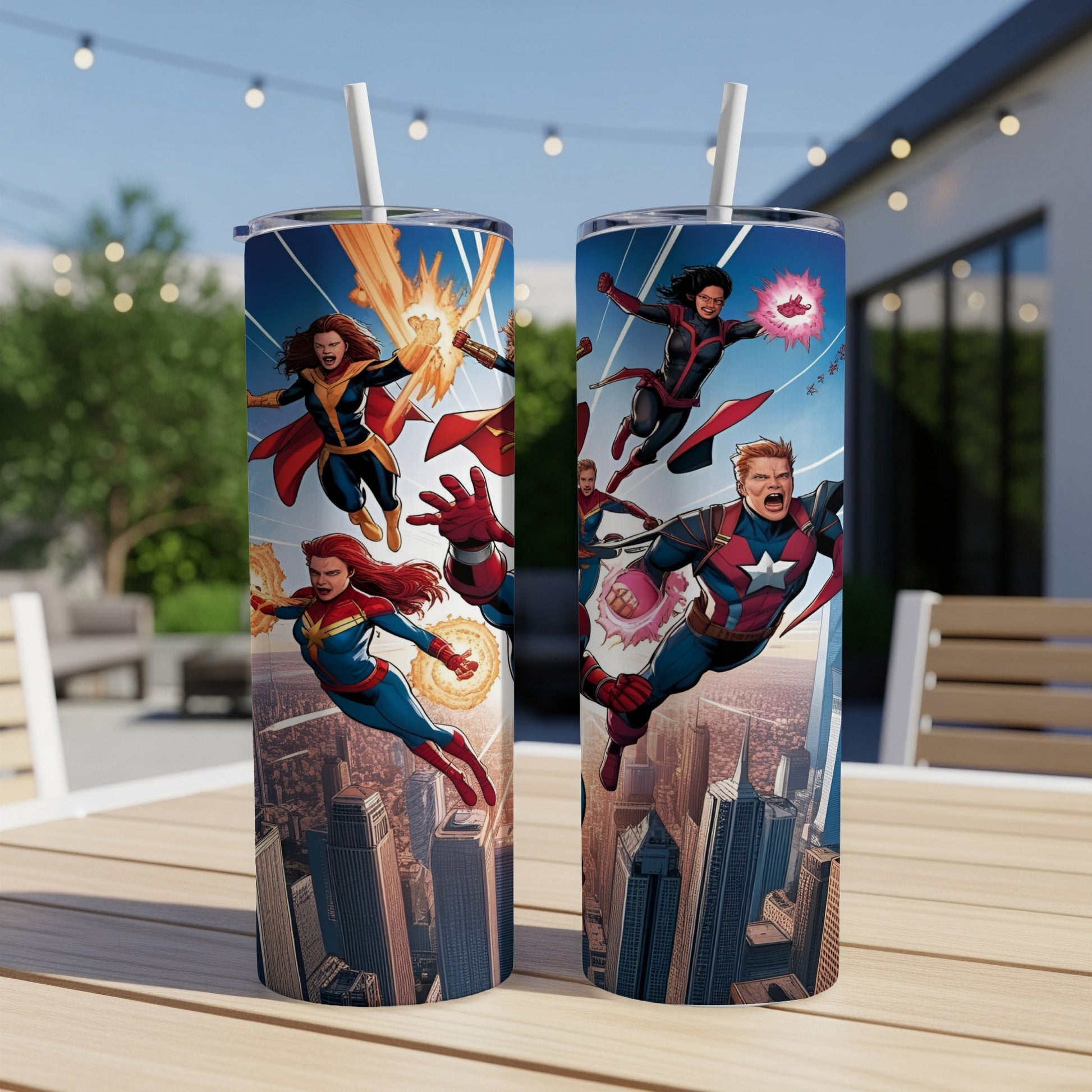 Marvel superheroes fly above a cityscape on a skinny tumbler.