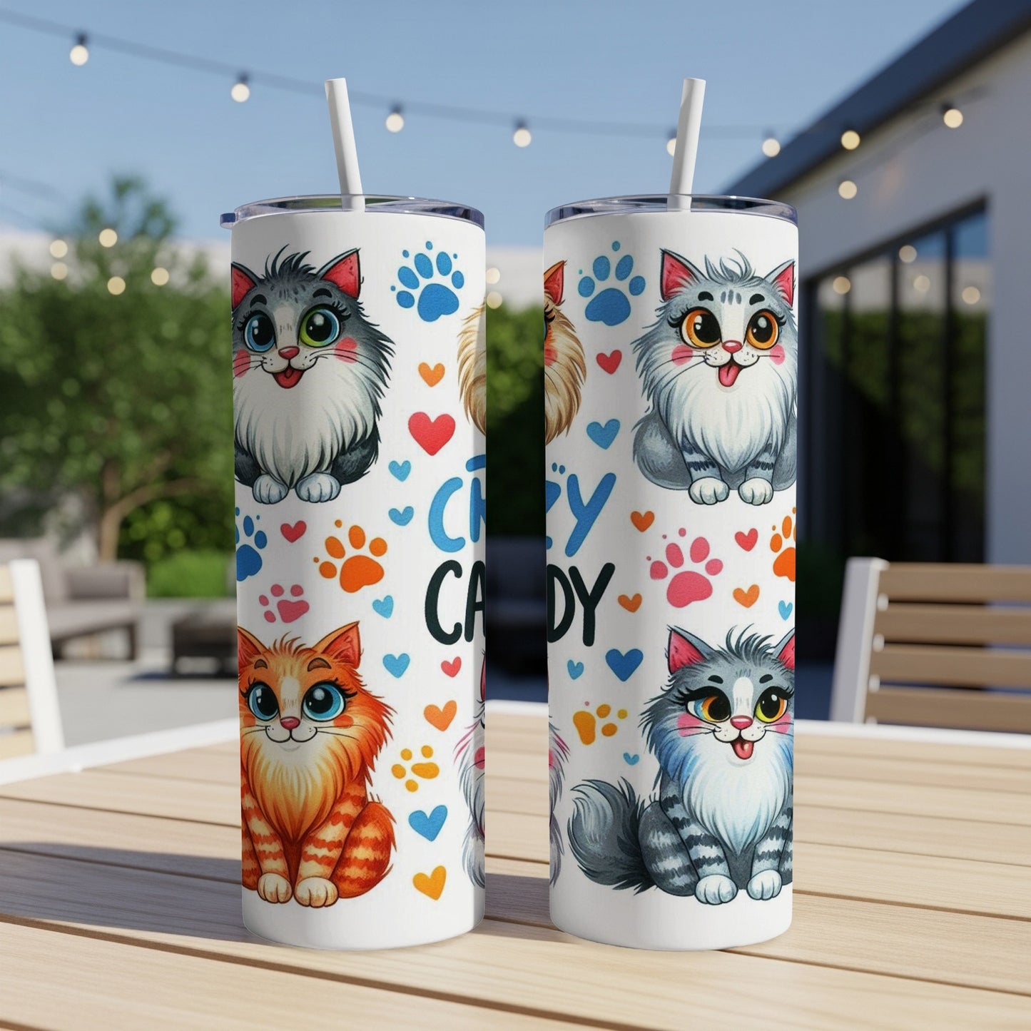 Two tumblers with cartoon cats and "Crazy Cat" text.