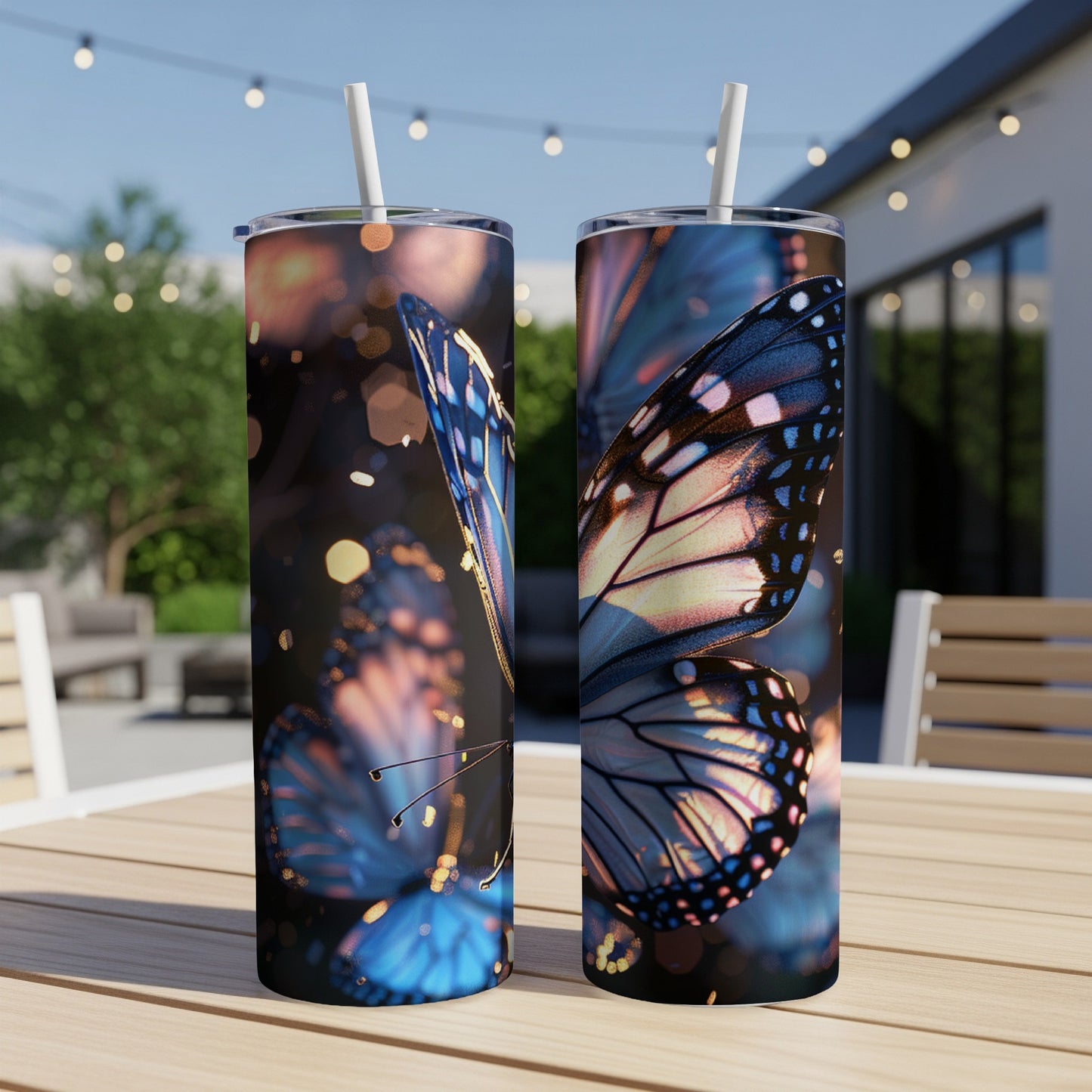 Two tumblers with blue butterfly wings on a wooden table.