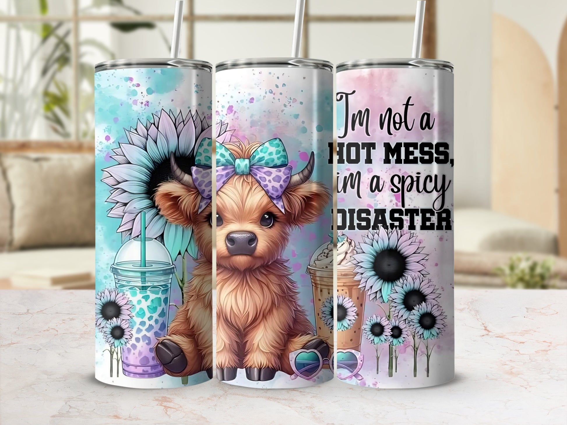 Cute Highland Cow Floral Spicy Disaster Tumbler Cup