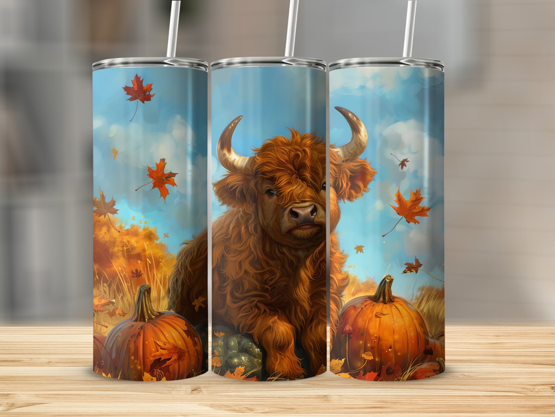 Adorable Highland Cow and Pumpkins Tumbler Design