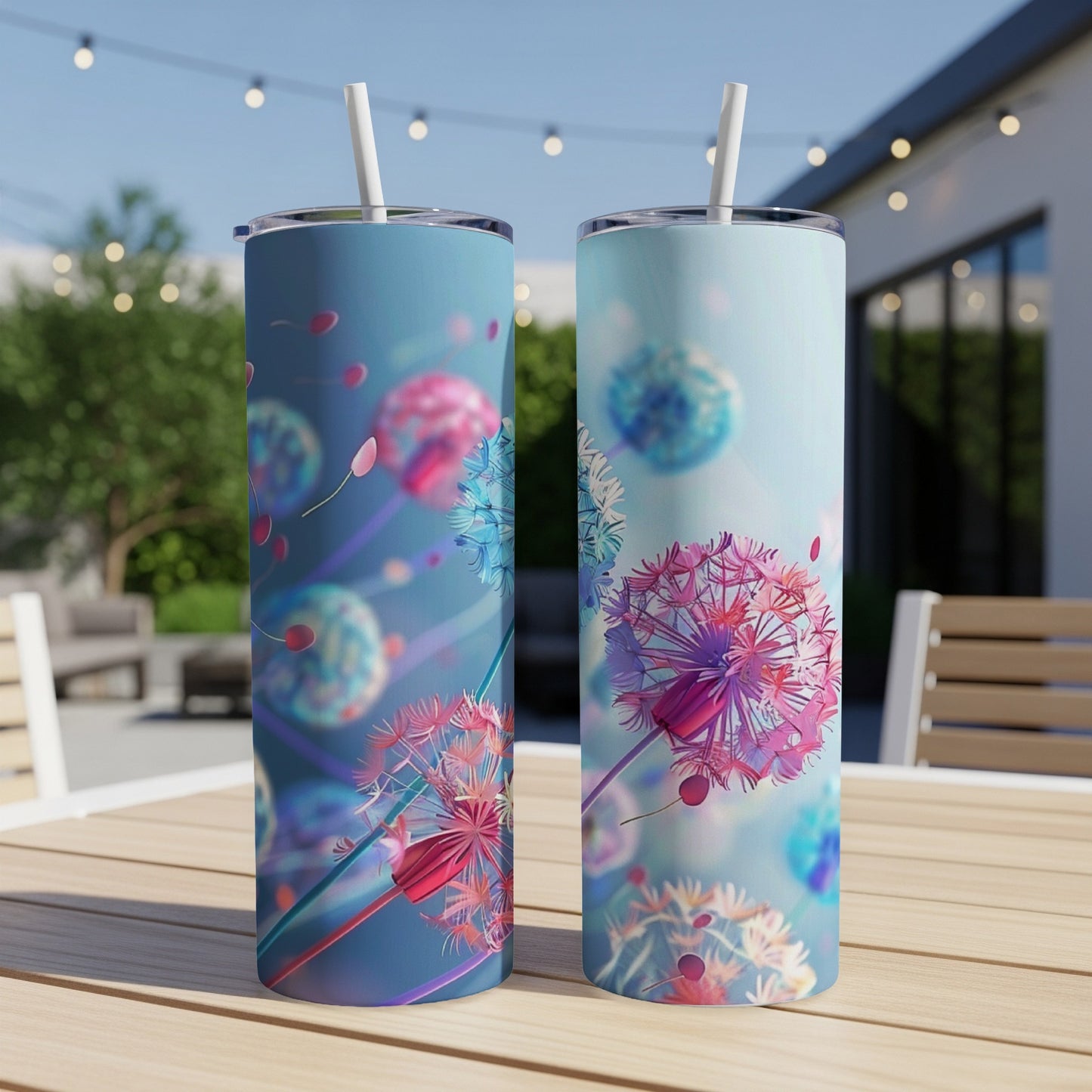 Two tumblers with dandelion seed head designs sit on a wooden table.