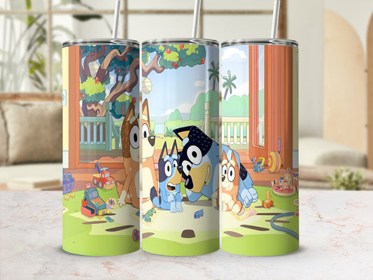 Bluey and Bingo characters on a colorful tumbler with toys and a house background.