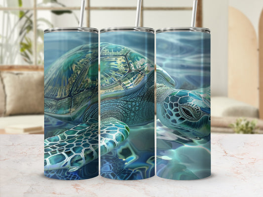 Three tumblers featuring a green sea turtle swimming in water.