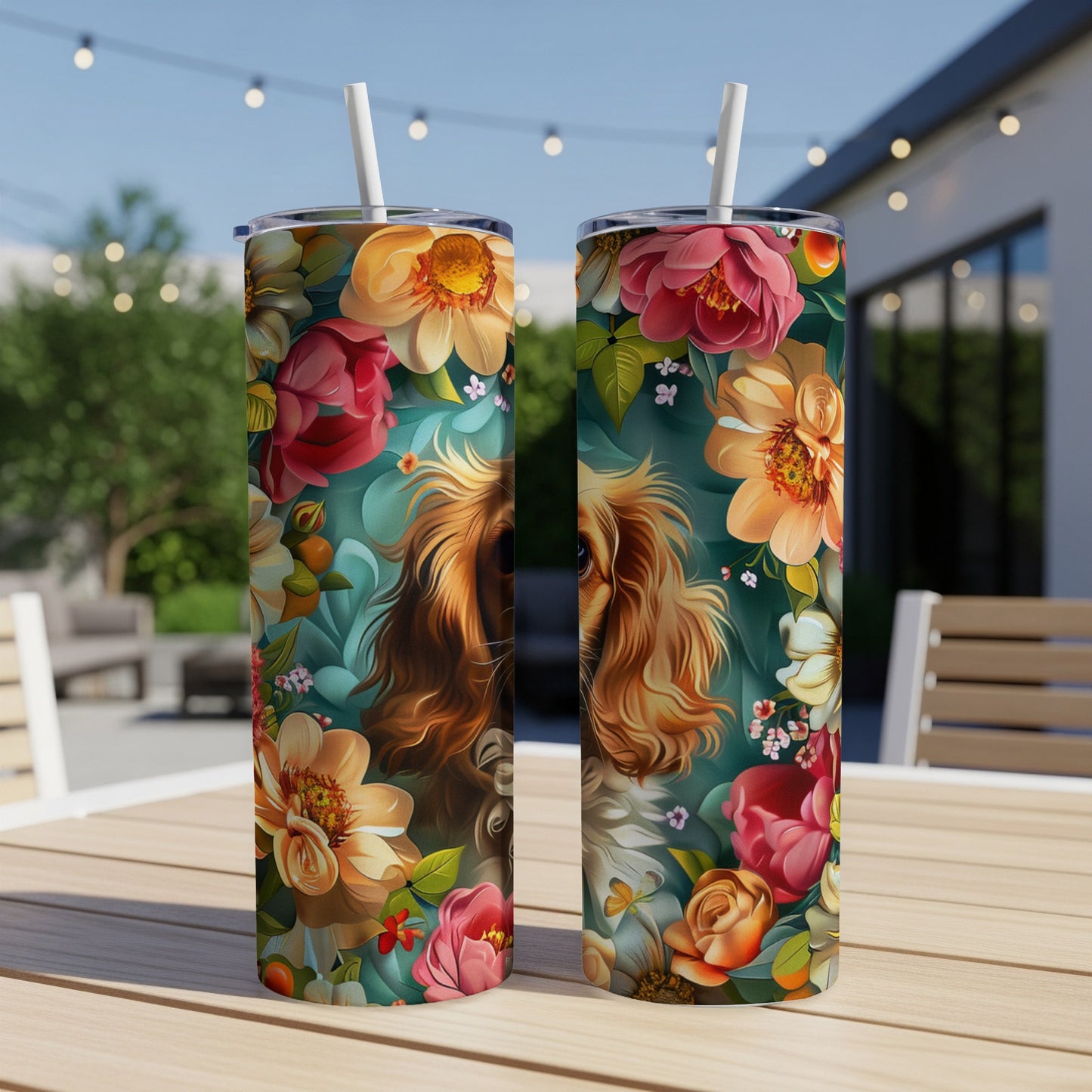 Two tumblers featuring a detailed lion portrait surrounded by vibrant floral art.
