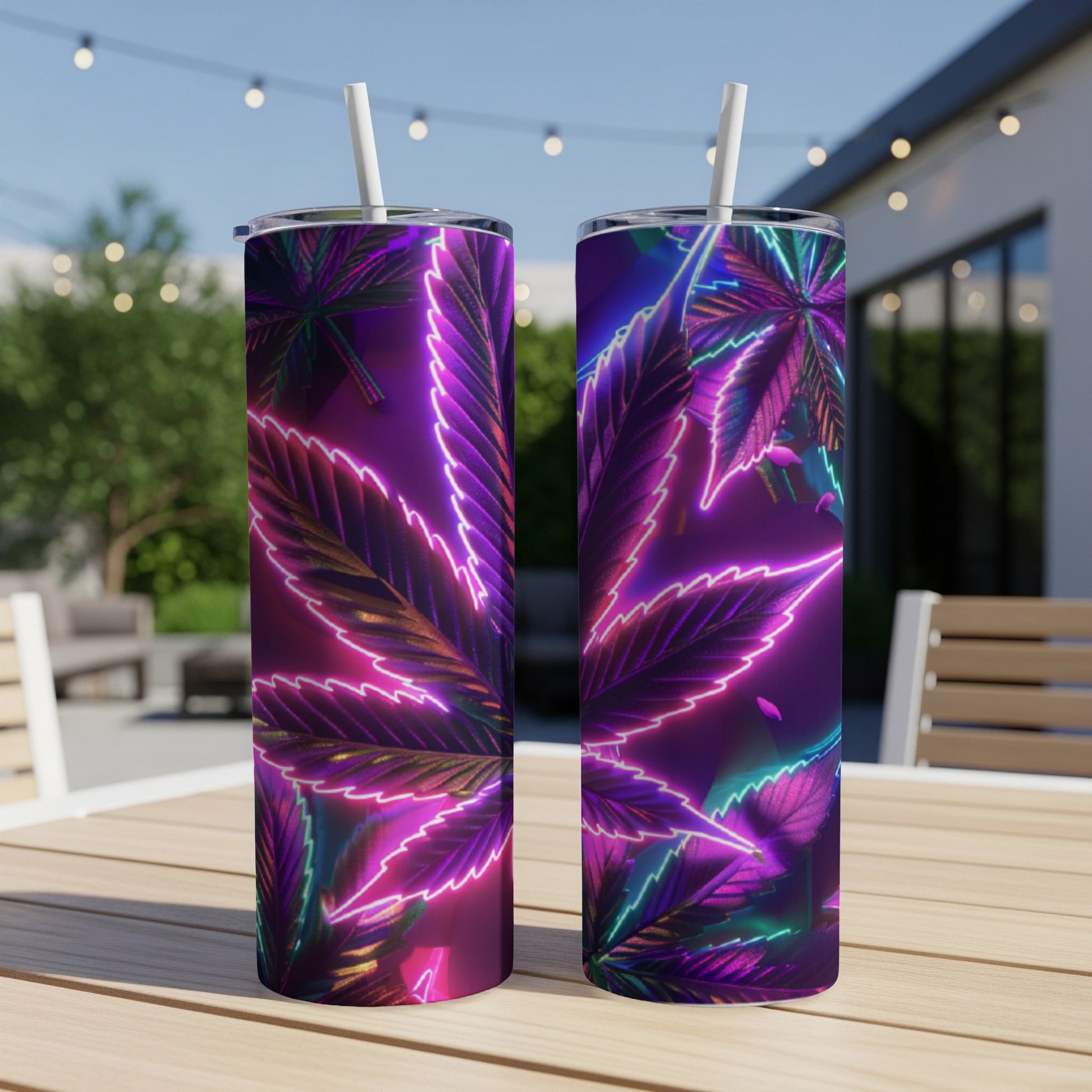 Two tall tumblers with purple and blue neon cannabis leaf design.