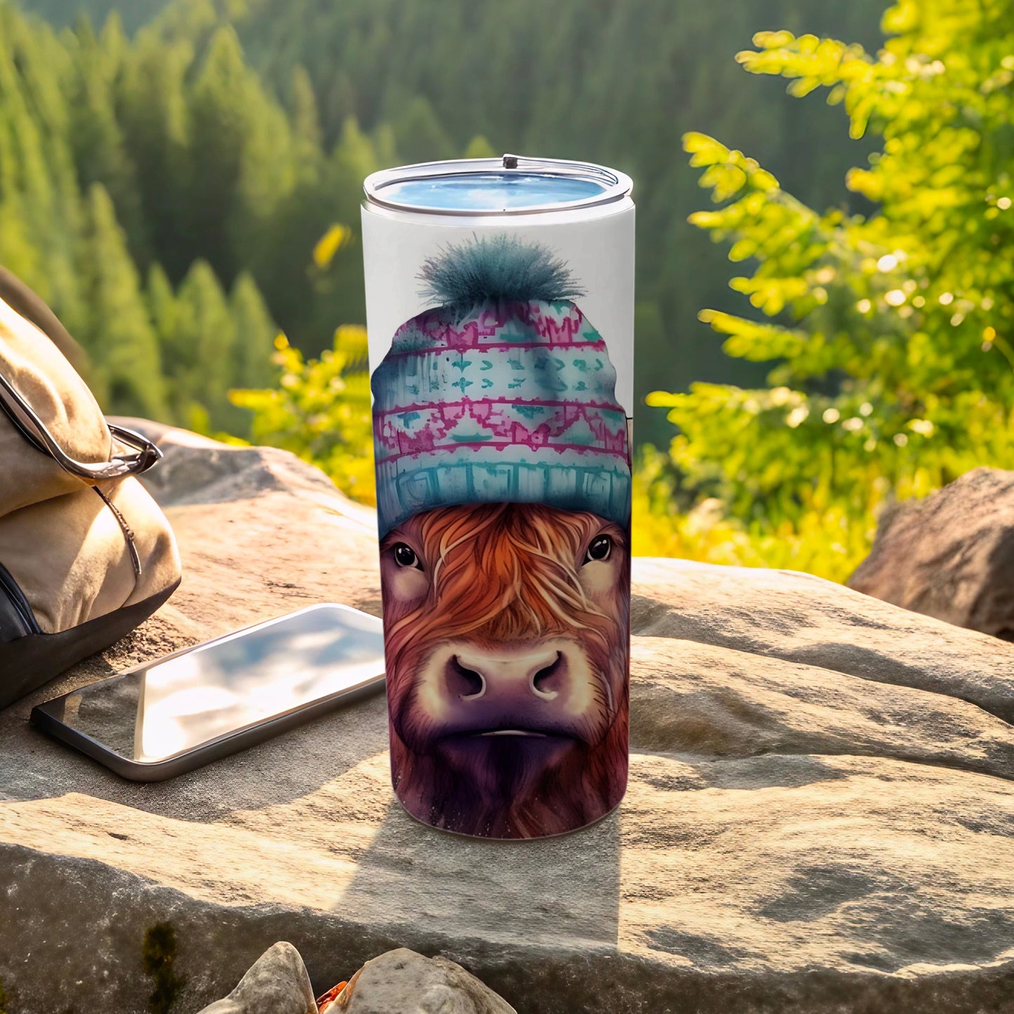 Highland Cow with Cozy Winter Hat Travel Tumbler