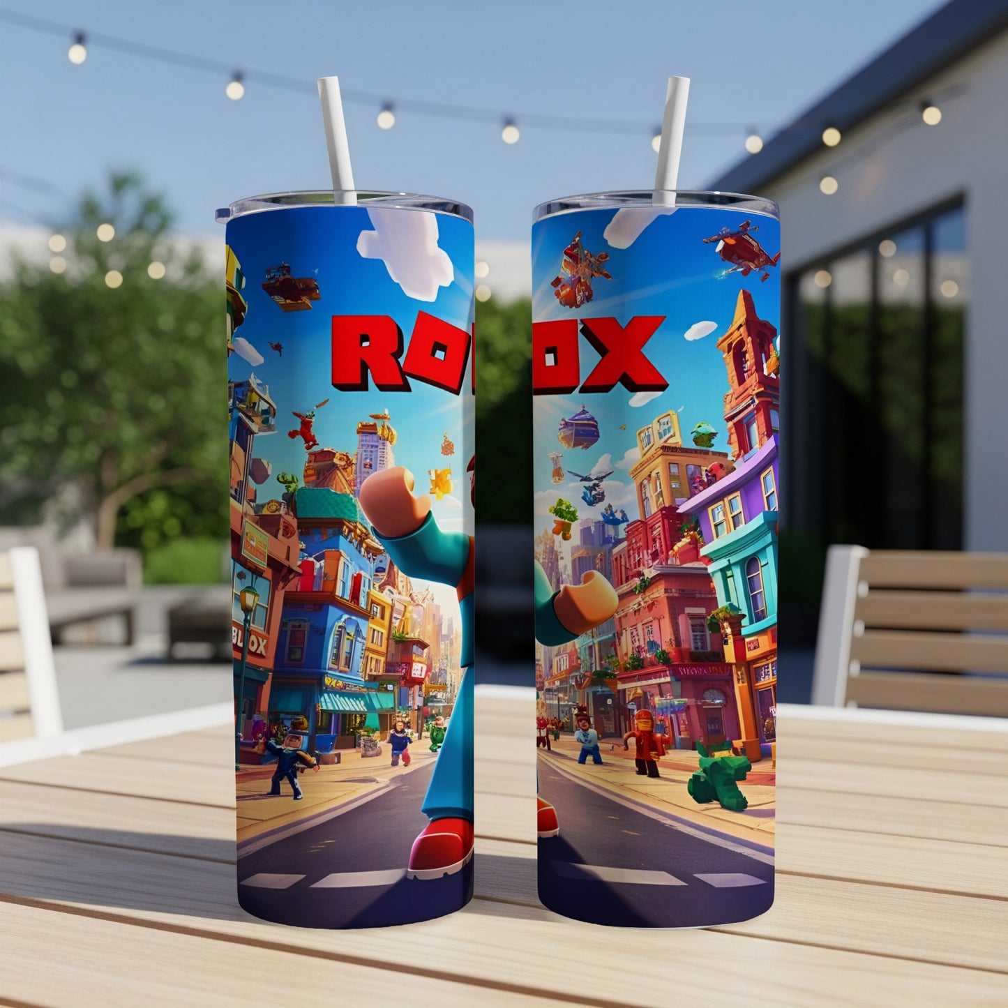 Roblox character with colorful buildings and logos on a skinny tumbler.
