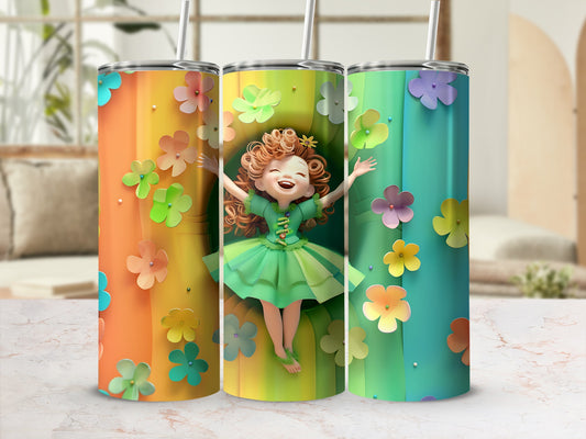 Three tumblers with a cheerful girl and colorful flowers on a gradient background.