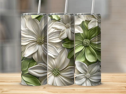 Three tumblers with embossed white and green floral designs.