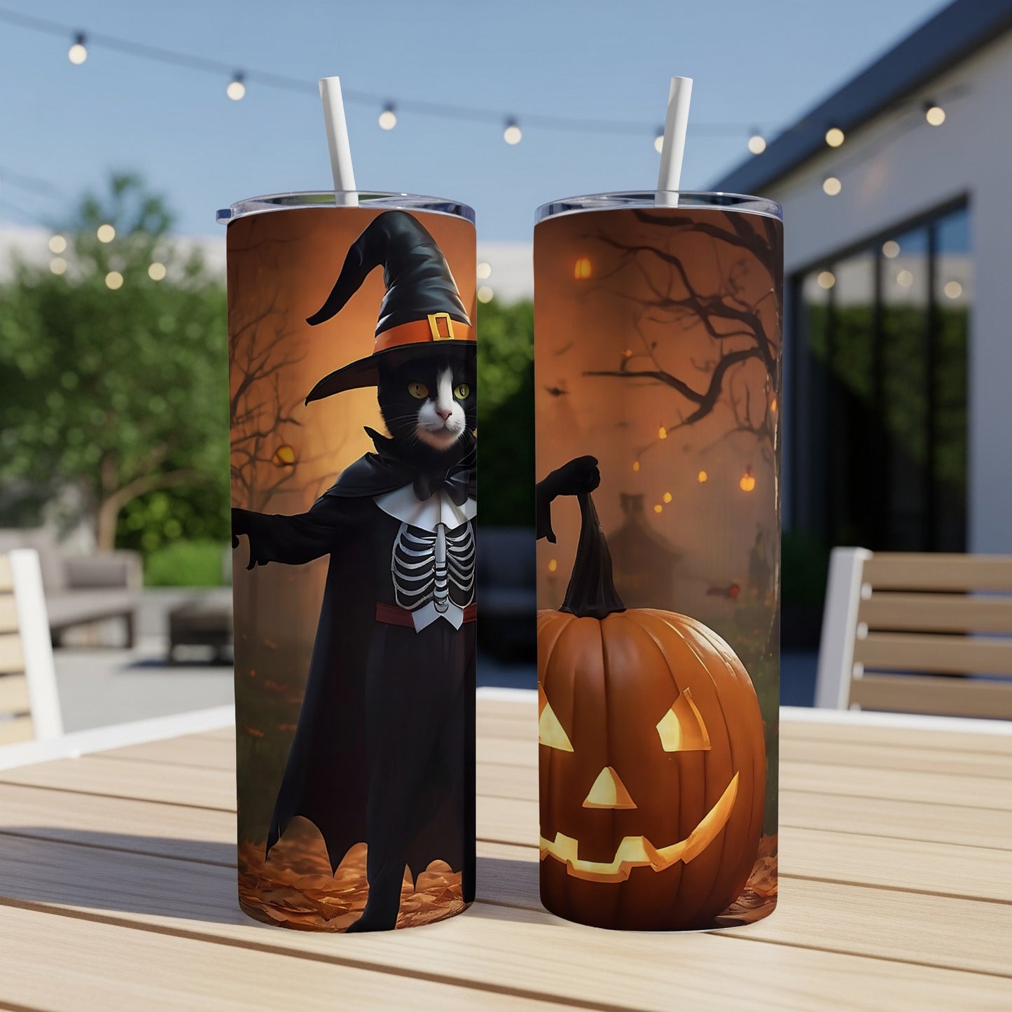 Two tumblers feature Halloween designs: a cat in a witch costume and a jack-o'-lantern.