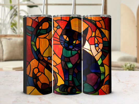 Triptych of stained glass tumblers featuring a black cat.