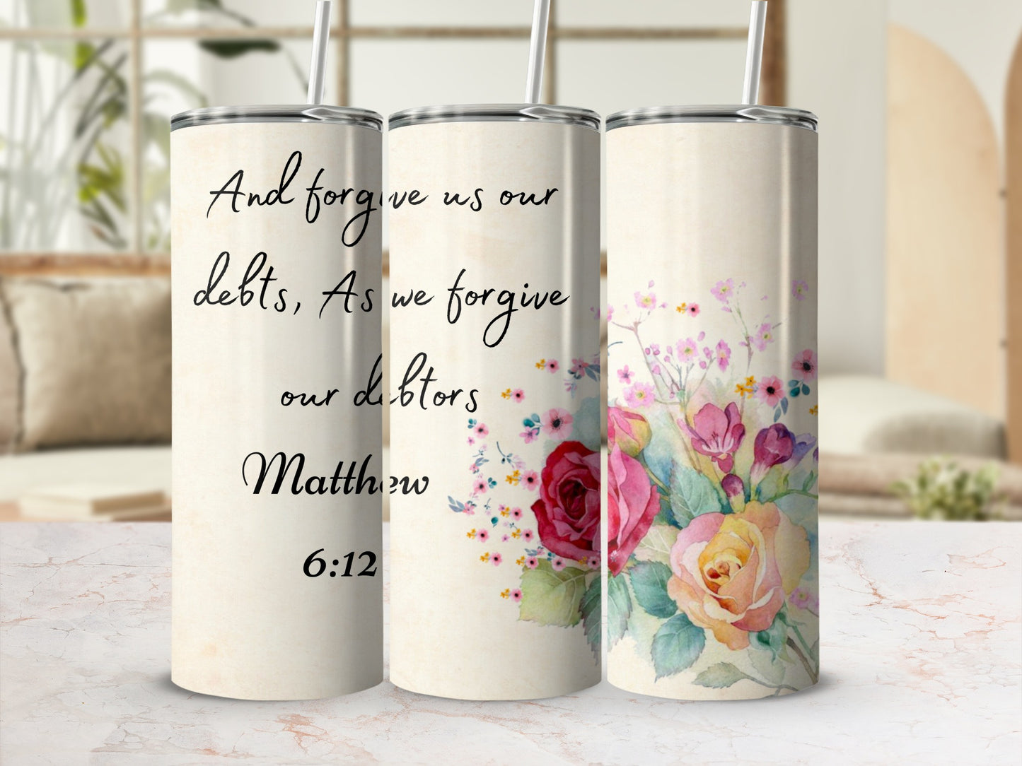 Scripture Inspired Tumblers with Floral Design Matthew 6:12