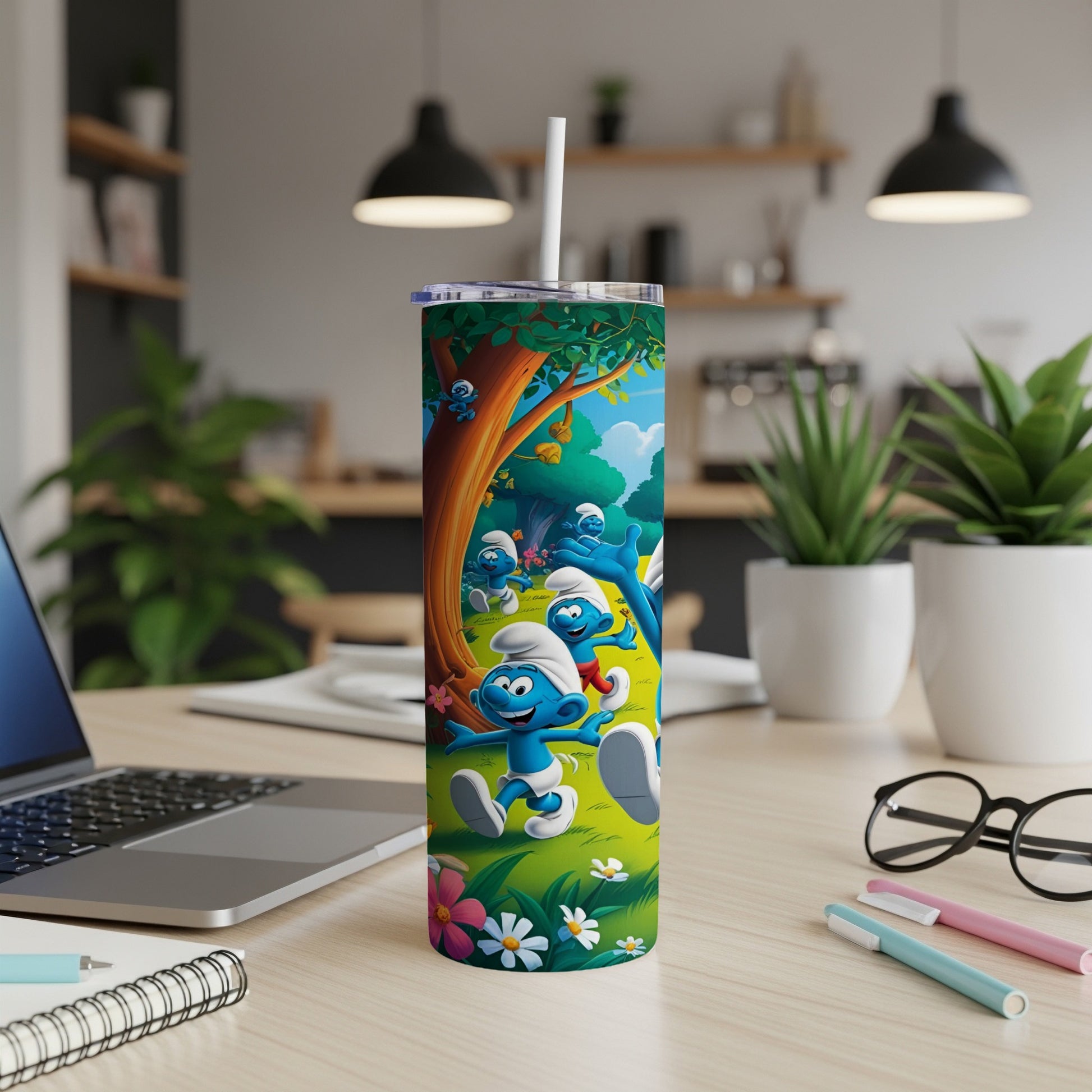 Smurfs running and smiling in a cartoon forest scene on a skinny tumbler.