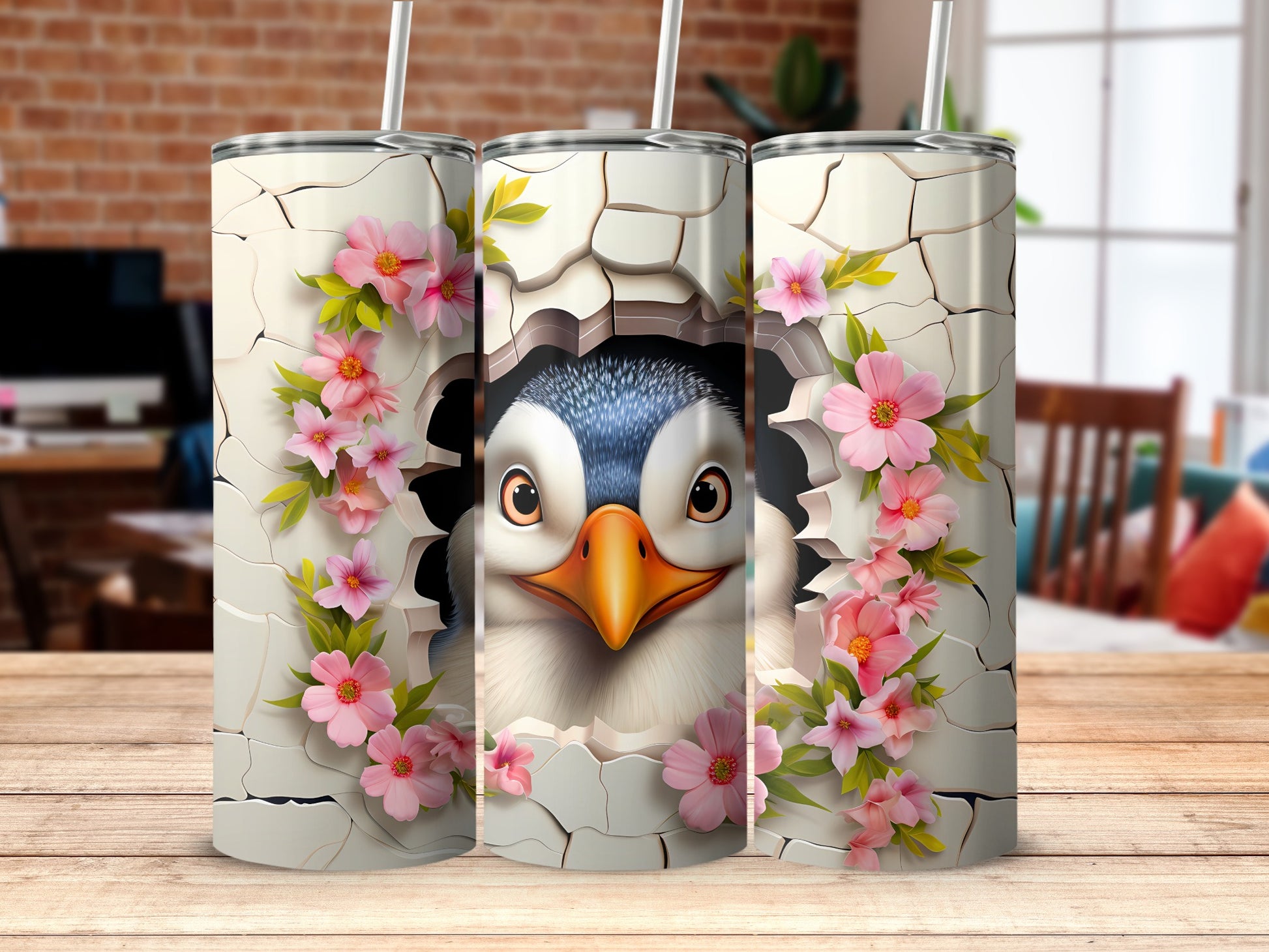 Cute Penguin Cracked Shell Design Pink Flowers product type