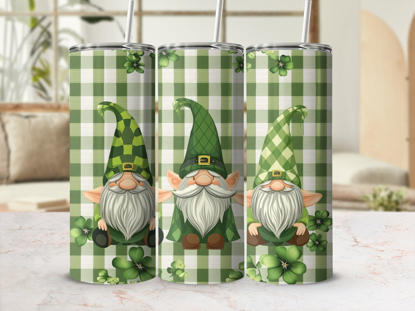 Three green plaid tumblers featuring smiling gnomes with shamrocks.