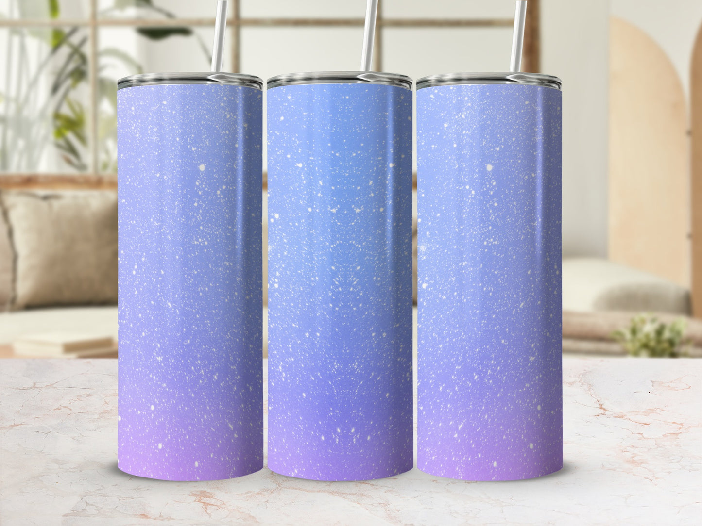 Three tall tumblers with a subtle speckled gradient from blue to purple.