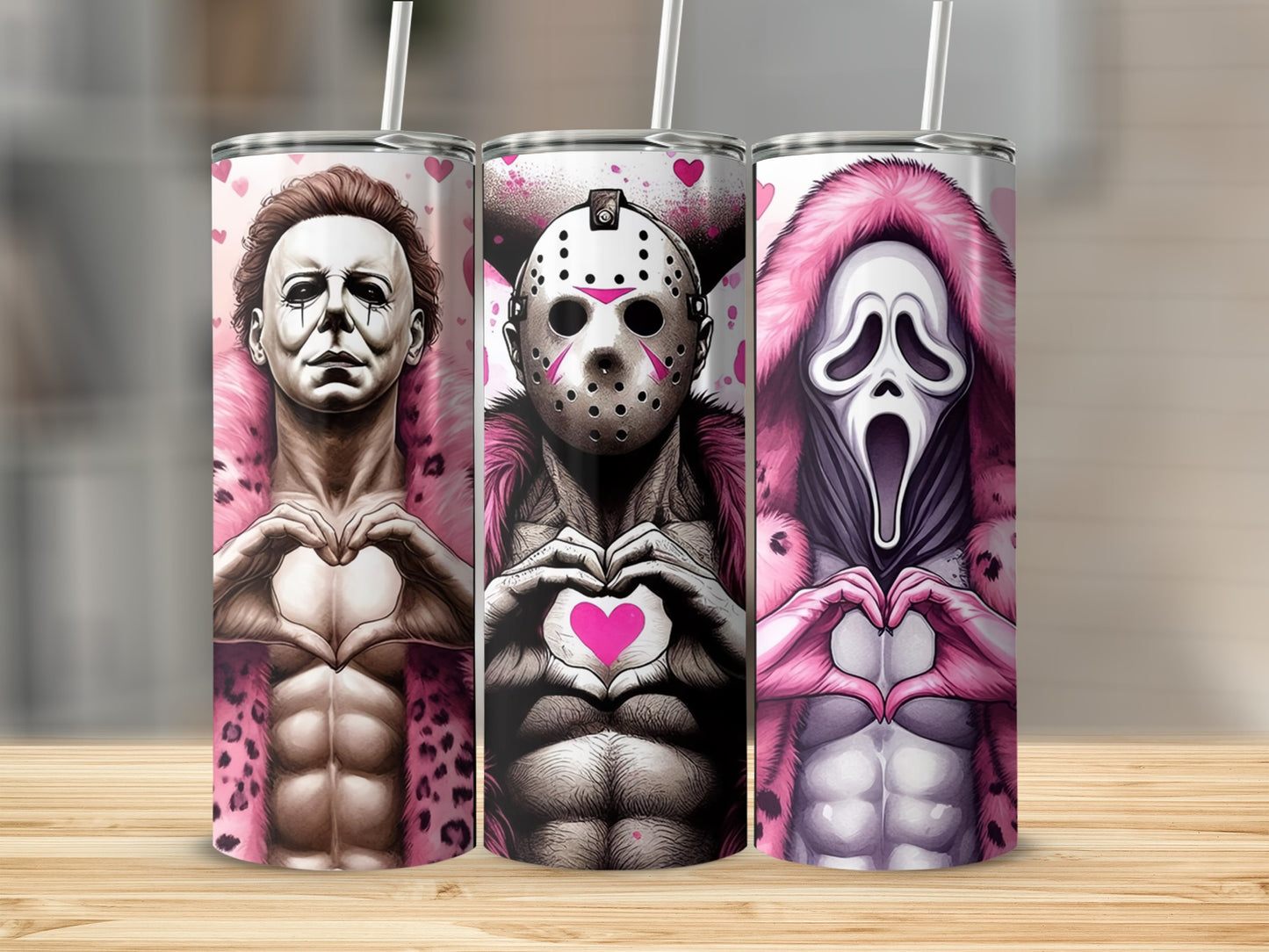 Three tumblers featuring horror characters Michael Myers, Jason Voorhees, and Ghostface making heart shapes.