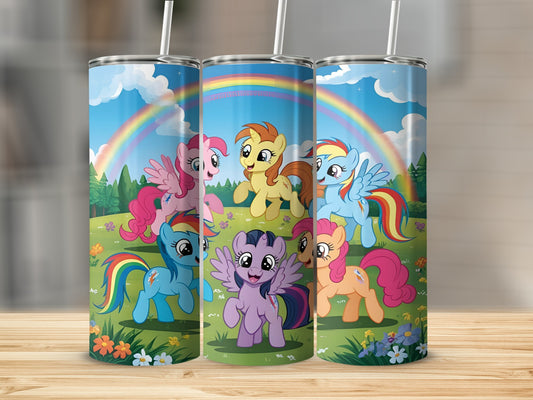 My Little Pony characters on a colorful tumbler with a rainbow and grass background.