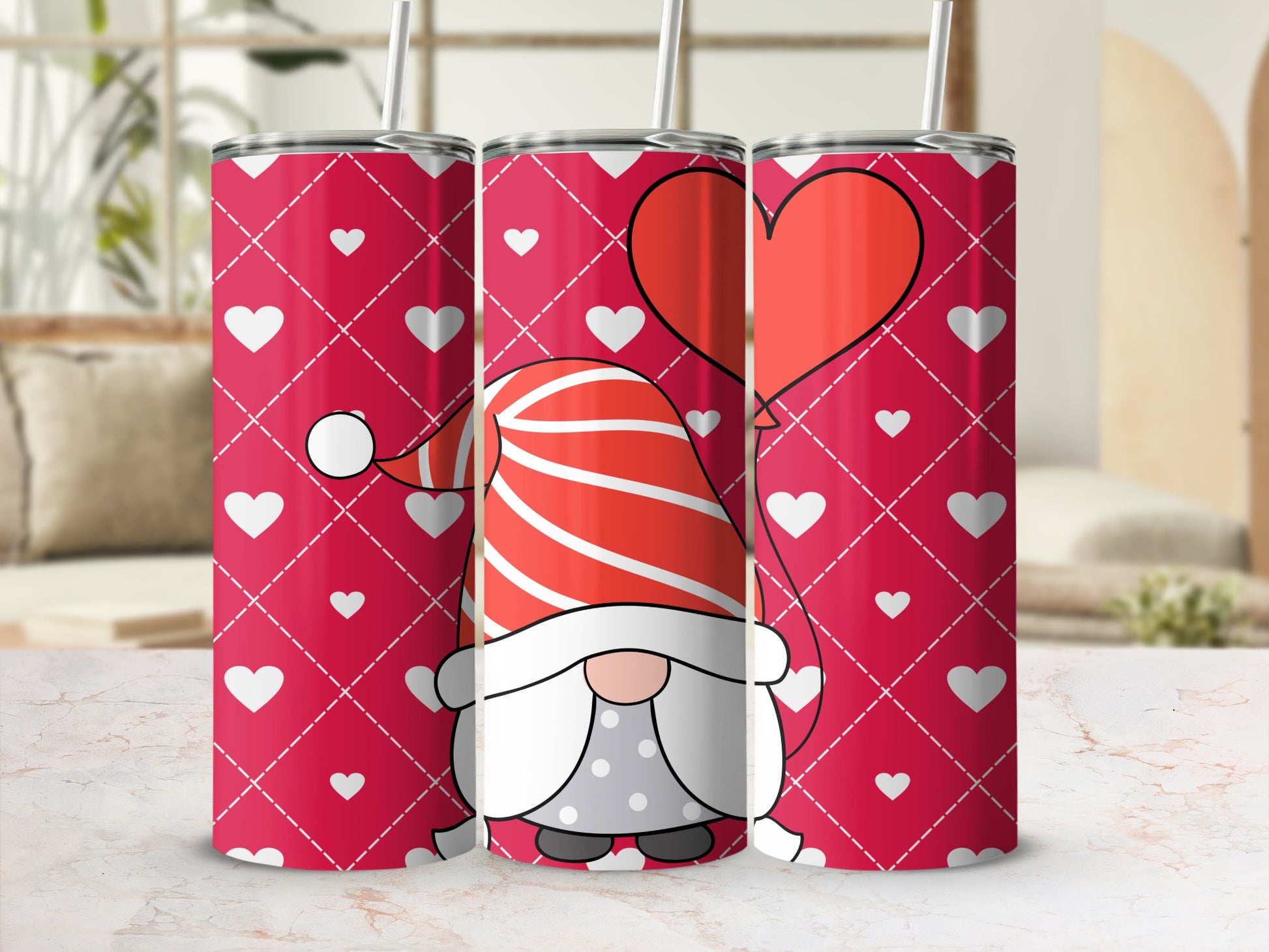 Cute Gnome with Heart Pattern Red Tumbler