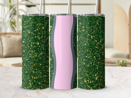 Green glitter tumbler with pink wave design.