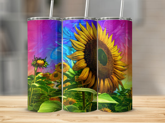 Tall tumbler with vibrant sunflower art and colorful abstract background.