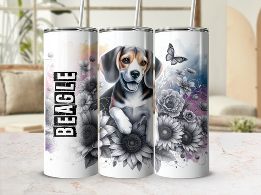 Beagle dog portrait on floral tumbler with butterfly.