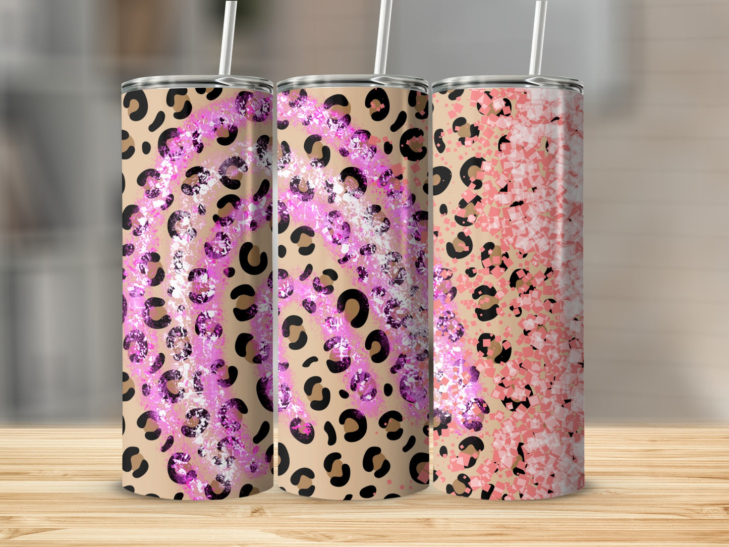 Leopard and Pink Glitter Pattern Tumbler Set