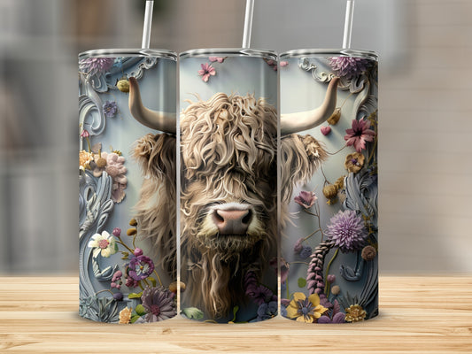 Highland cow with floral accents on a tumbler.