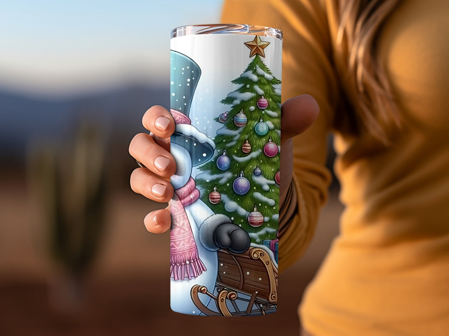 Christmas Snowman and Tree Scene Tumbler Cup